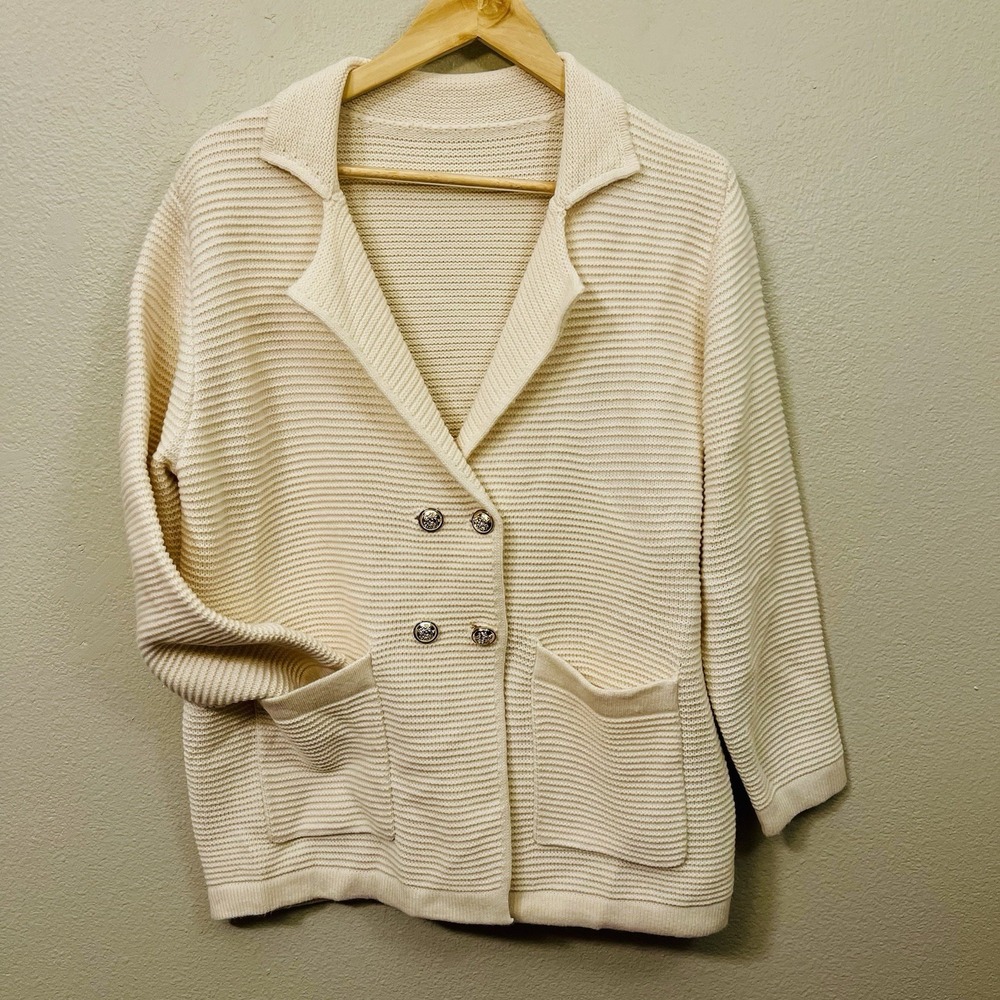 Cream Knit Blazer Cardigan Double Breasted Gold Tone Buttons Pockets Plus Sz 1X